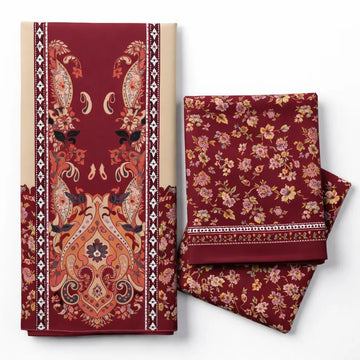 Elegant Maroon Floral Unstitched Co-Ord Set – Digital Printed Designer Fabric
