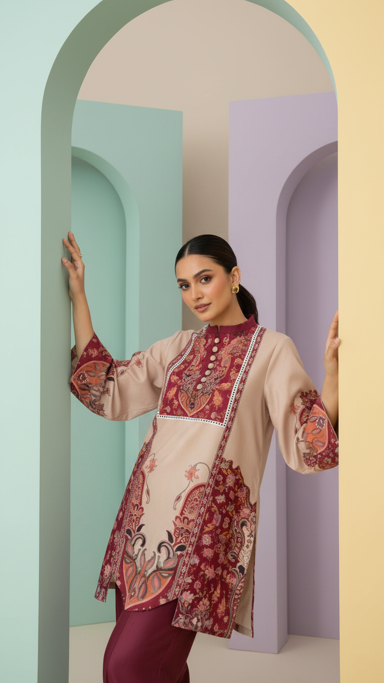 Elegant Maroon Floral Unstitched Co-Ord Set – Digital Printed Designer Fabric